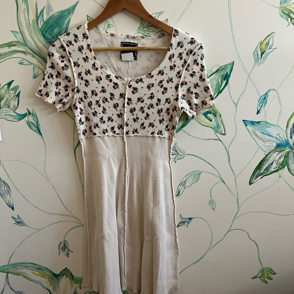 Vintage cream Floral Ribbed Knit Fit-&-Flare Dress